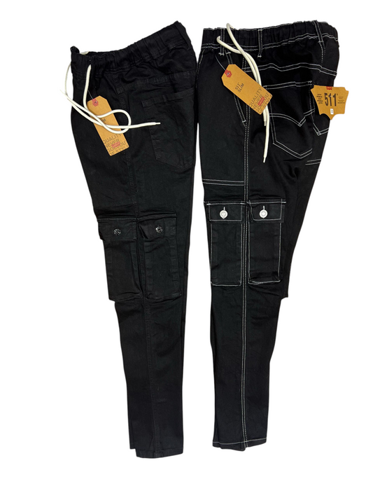 Baggy Fit Cargo 7 Pocket Jeans - Black stitch